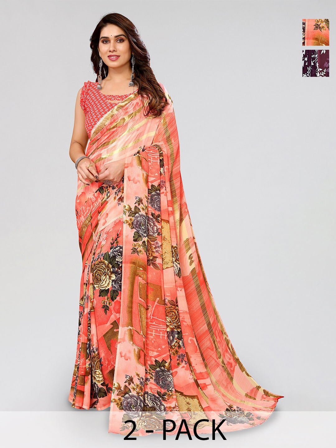 

ANAND SAREES Selection Of 2 Floral Printed Sarees, Maroon