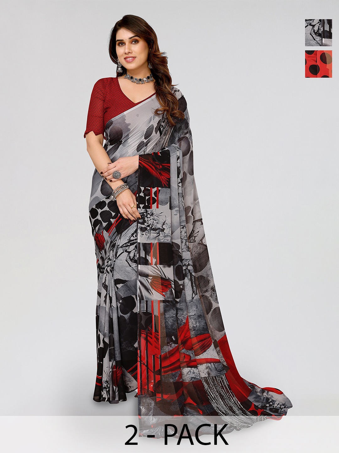 

ANAND SAREES Selection Of 2 Floral Printed Sarees, Red