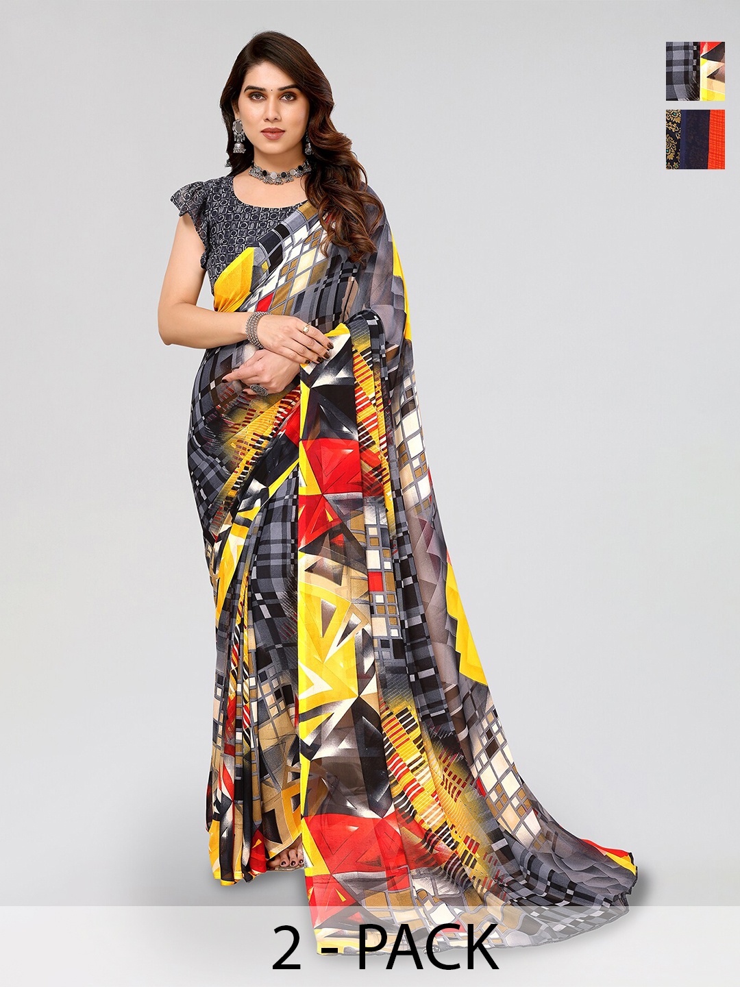 

ANAND SAREES Selection Of 2 Floral Printed Sarees, Grey