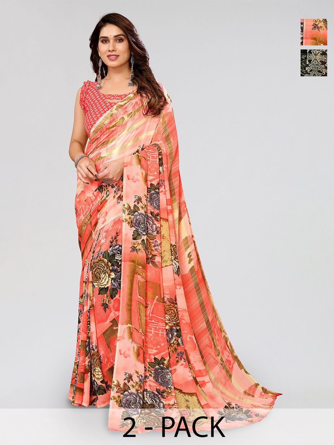 

ANAND SAREES Selection Of 2 Floral Printed Sarees, Green