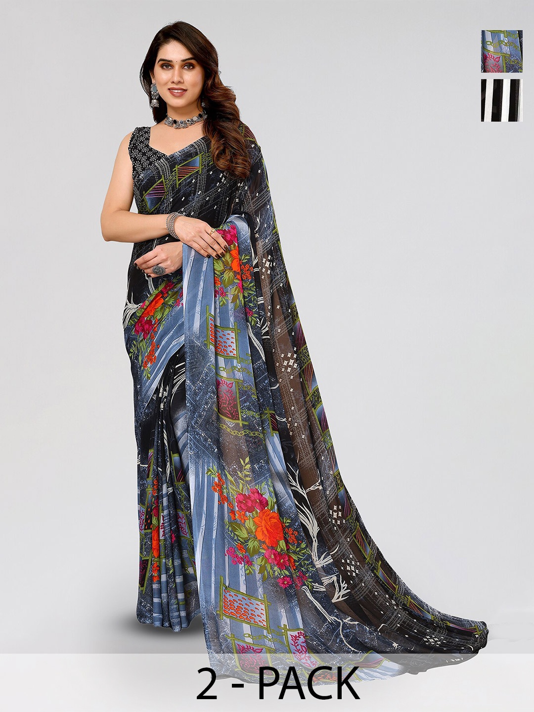 

ANAND SAREES Selection Of 2 Floral Printed Sarees, Black