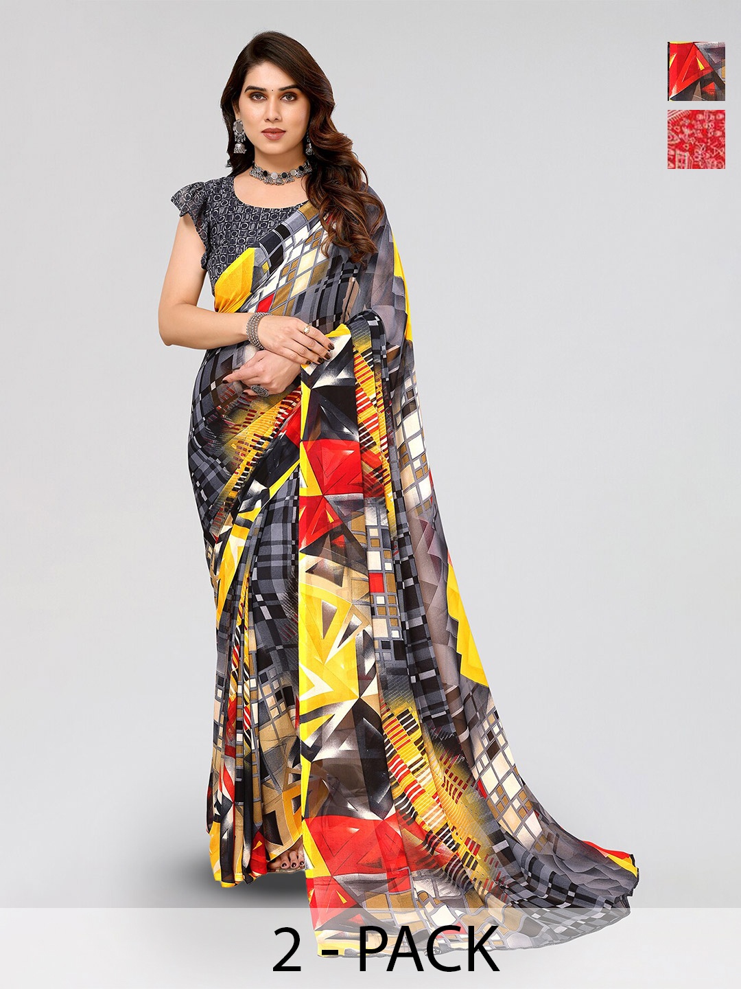 

ANAND SAREES Selection Of 2 Floral Printed Sarees, Red