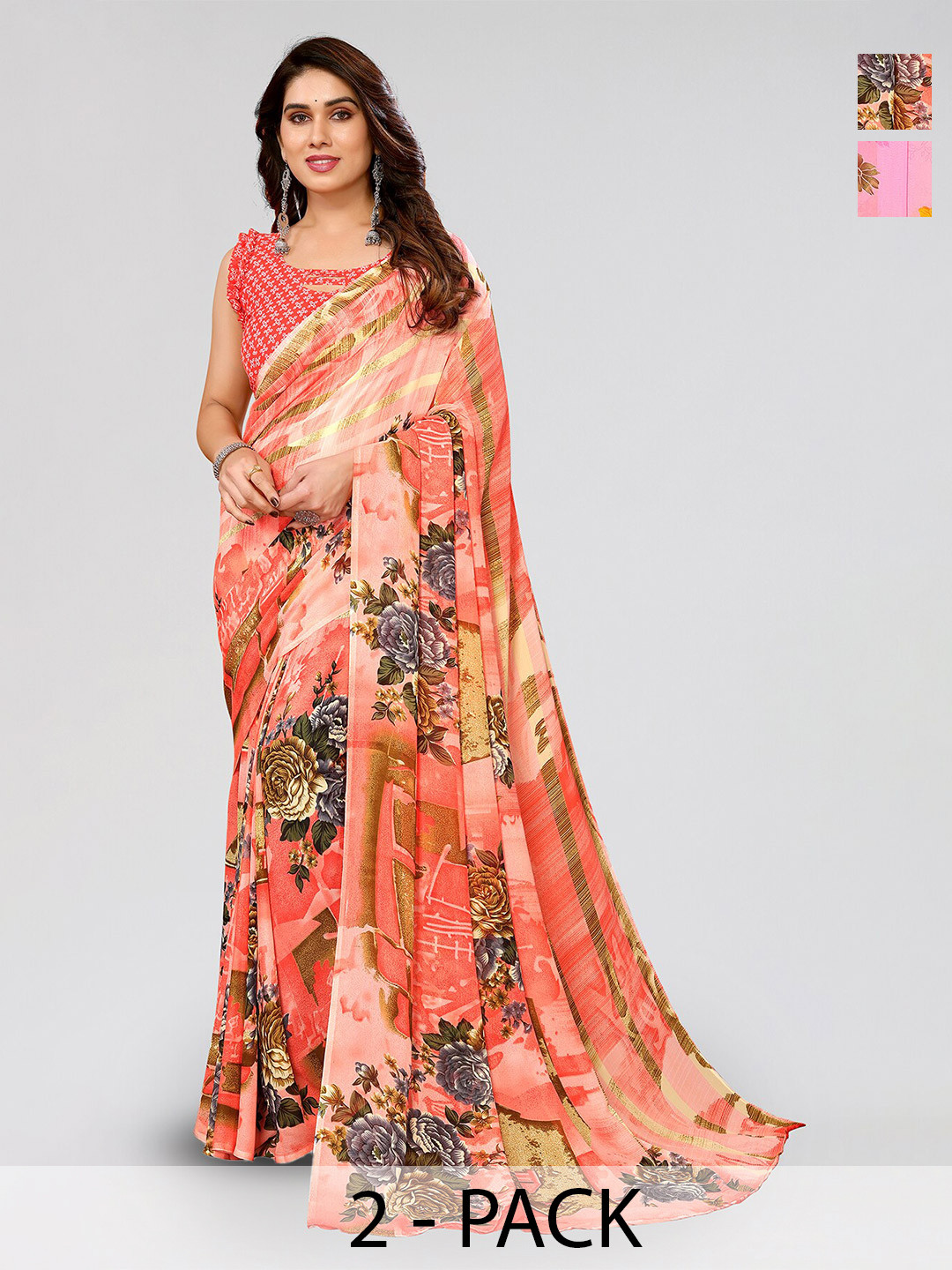 

ANAND SAREES Selection Of 2 Floral Printed Sarees, Yellow