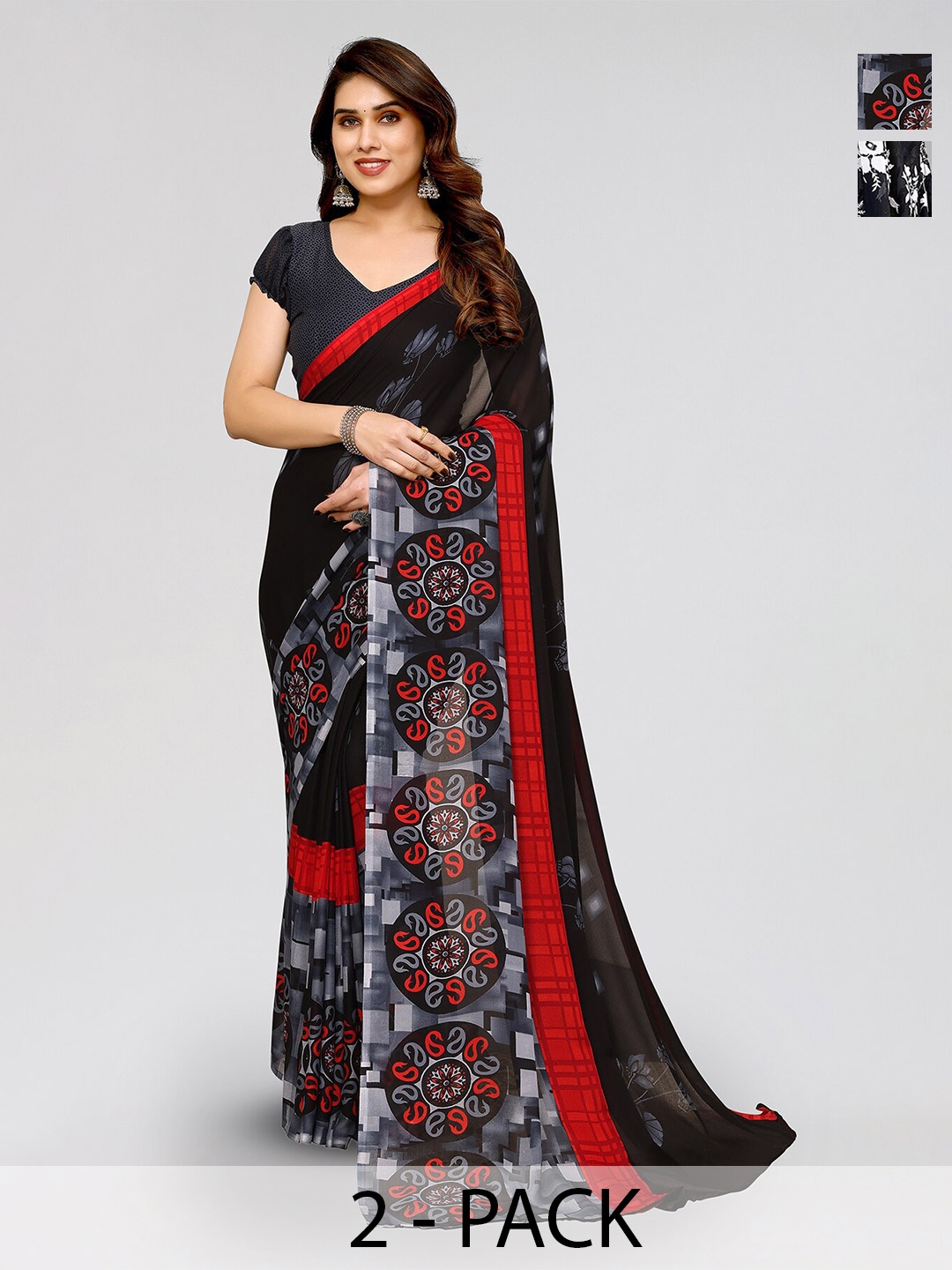 

ANAND SAREES Selection Of 2 Floral Printed Sarees, Black