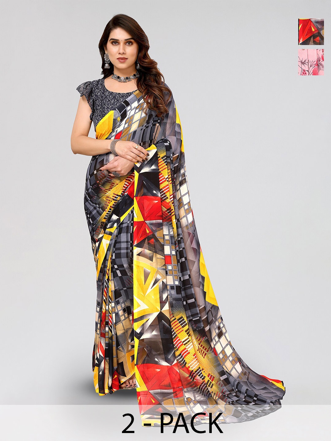 

ANAND SAREES Selection Of 2 Floral Printed Sarees, Pink