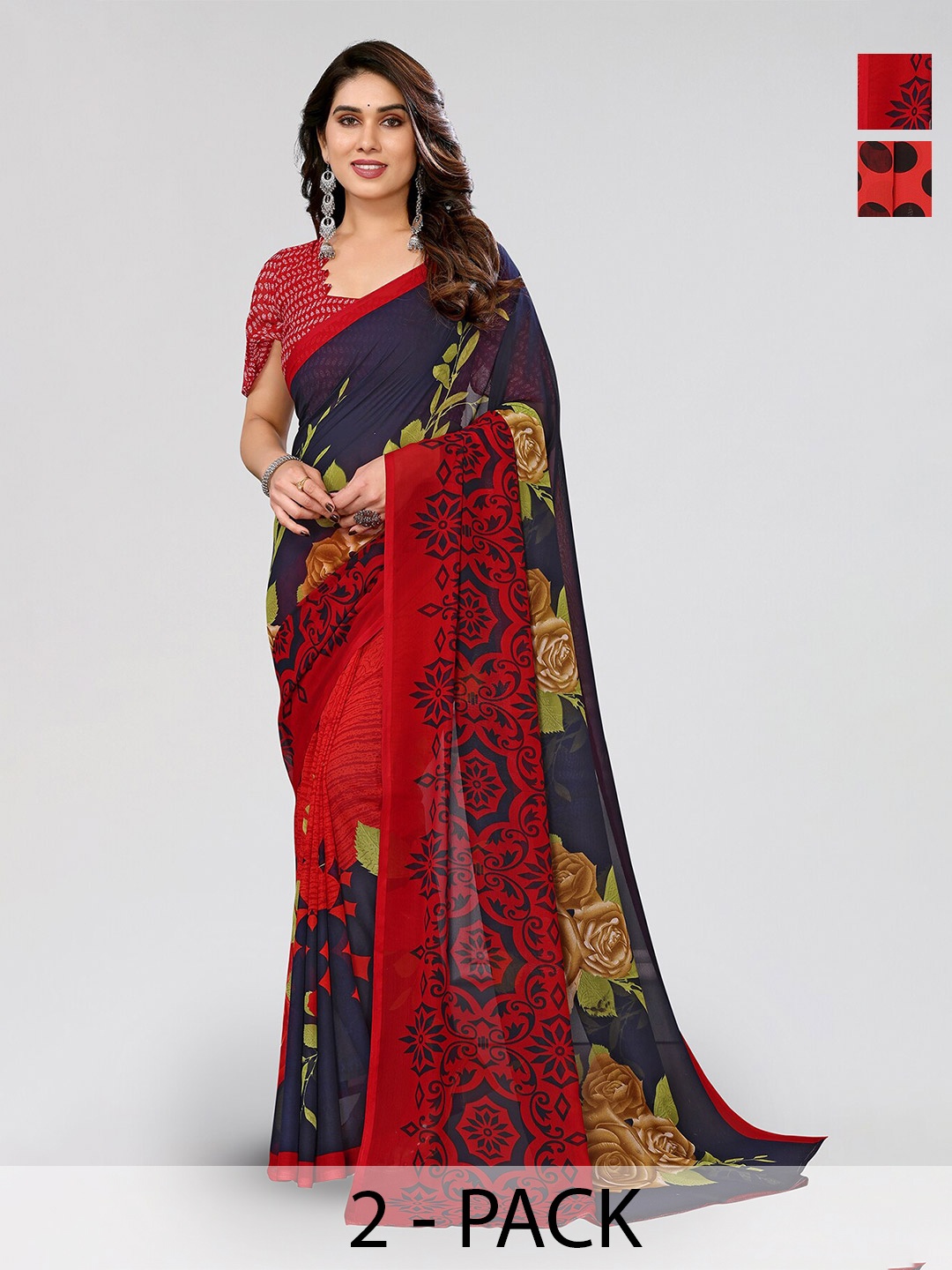 

ANAND SAREES Selection Of 2 Floral Printed Sarees, Red