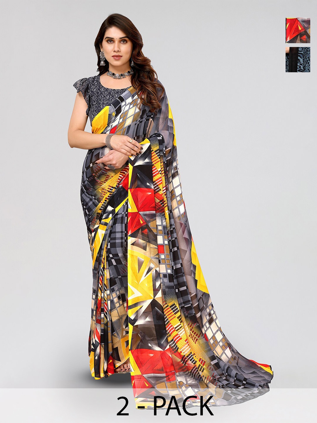 

ANAND SAREES Selection Of 2 Floral Printed Sarees, Blue