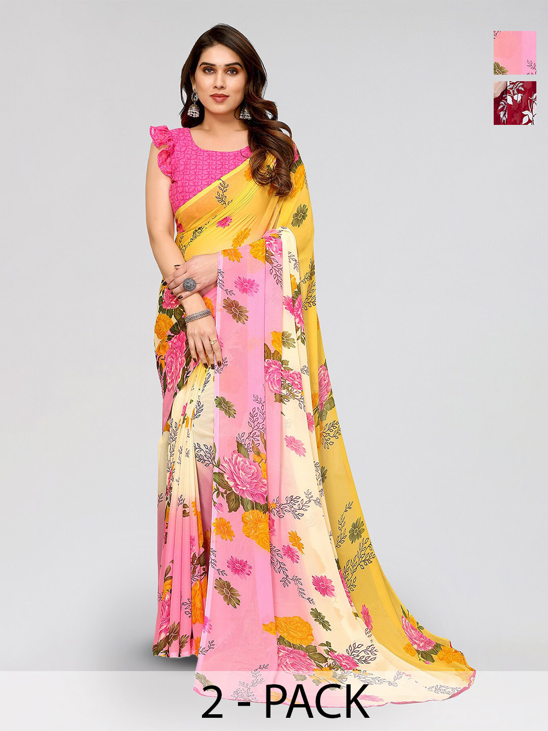 

ANAND SAREES Selection Of 2 Floral Printed Sarees, Red