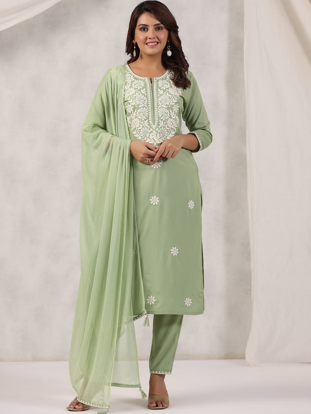 

KALINI Floral Embroidered Round Neck Thread Work Straight Kurta with Trousers & Dupatta, Green