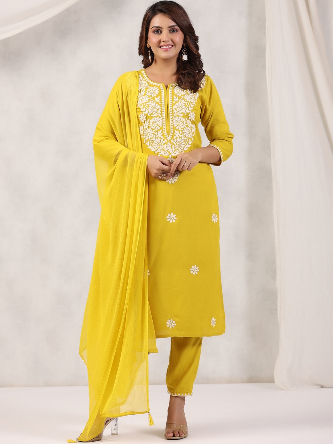 

KALINI Ethnic Motifs Embroidered Straight Kurta with Trousers & Dupatta, Yellow