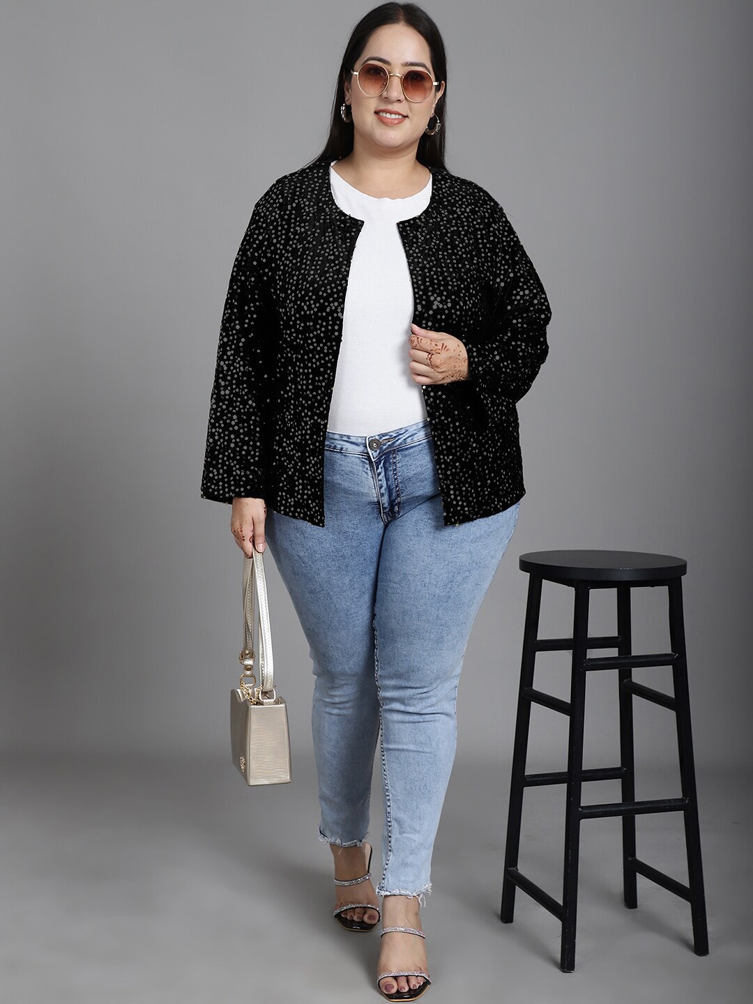 

urSense Plus Size Printed Embellished Open Front Shrug, Black
