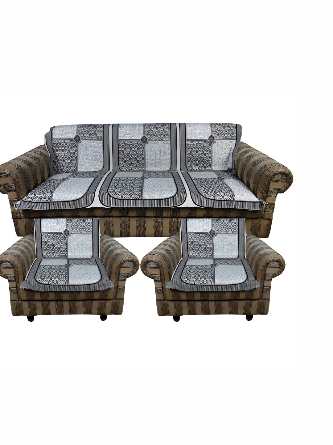 

MONKDECOR Black & Grey 6 Pieces Checked 5 Seater Velvet Sofa Covers