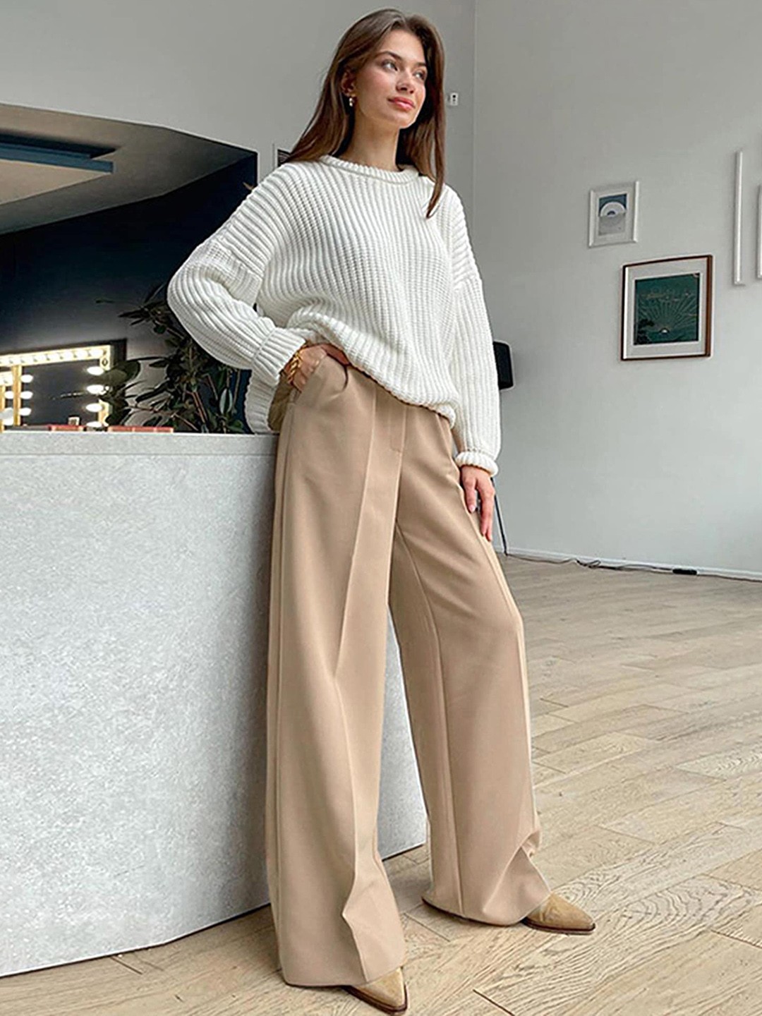 

LULU & SKY Women Flared High-Rise Regular Trousers, Cream