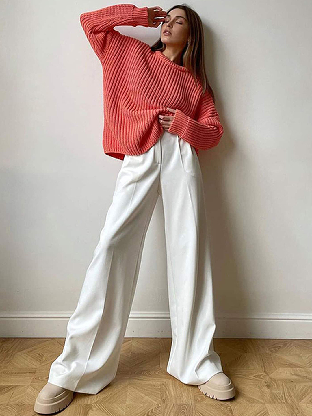 

LULU & SKY Women Flared High-Rise Wide Leg Trousers, White