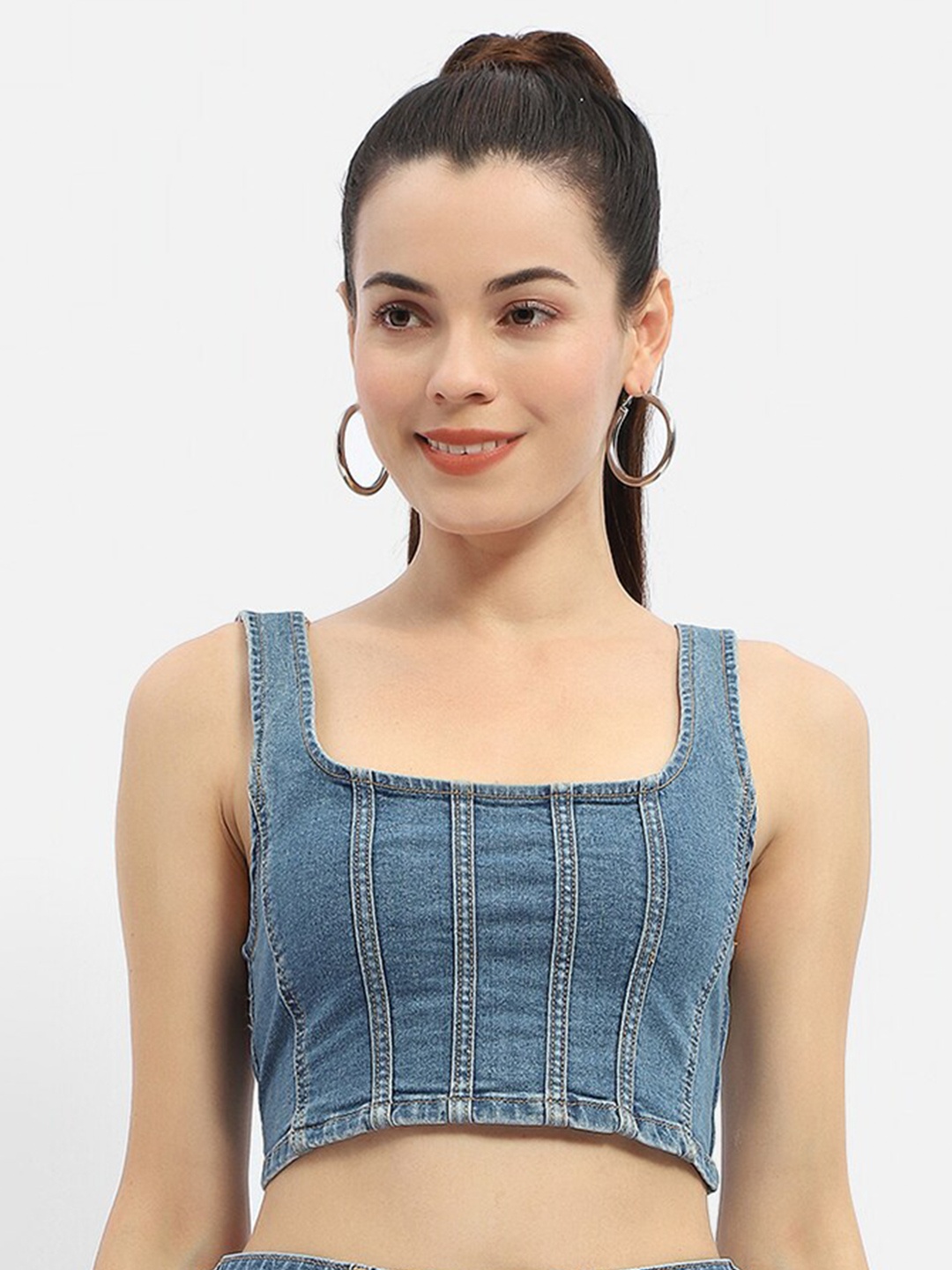 

Madame Sleeveless Square Neck Cotton Fitted Crop Top, Blue