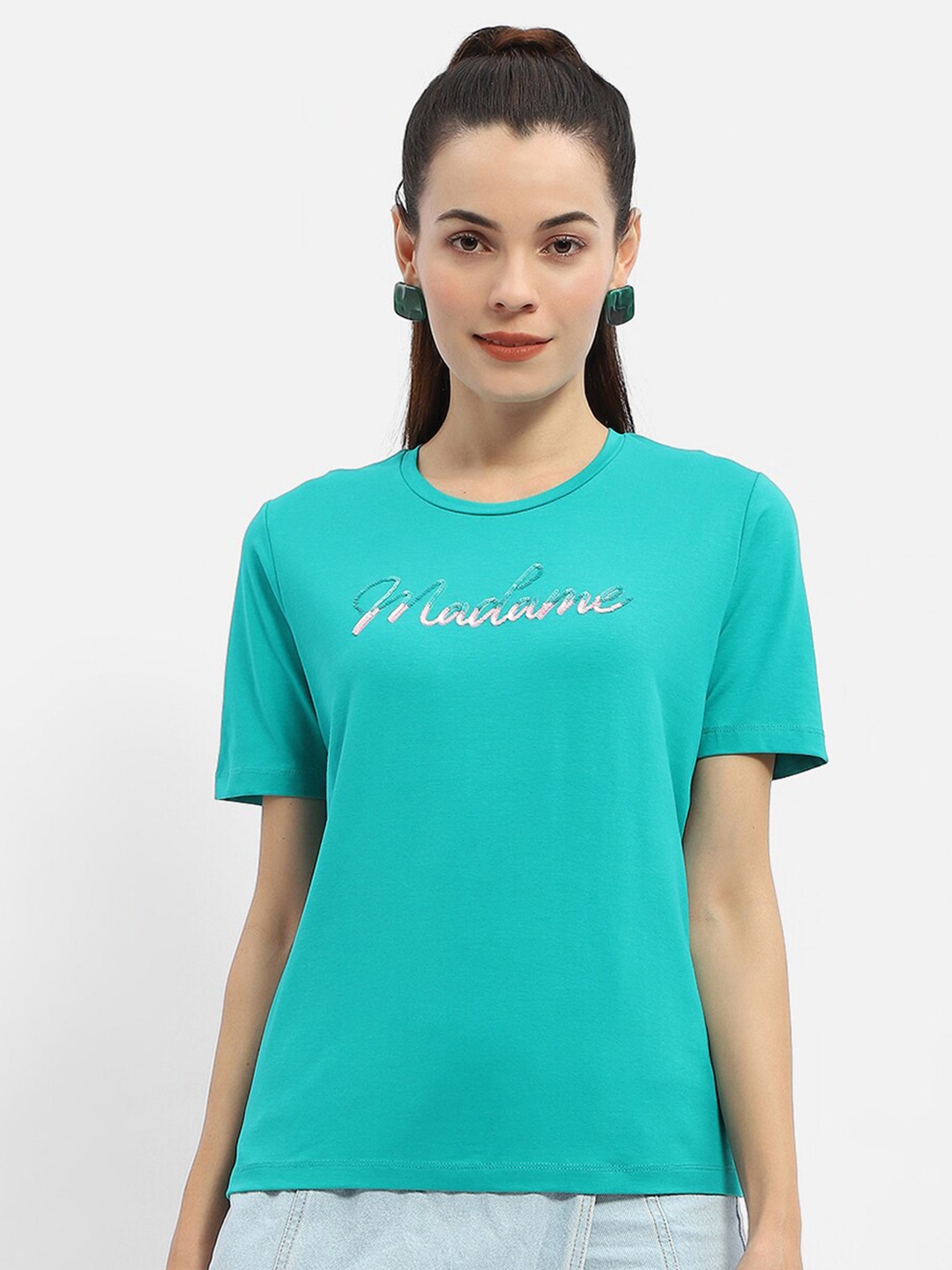 

Madame Sequin Embellished Print Cotton Top, Green