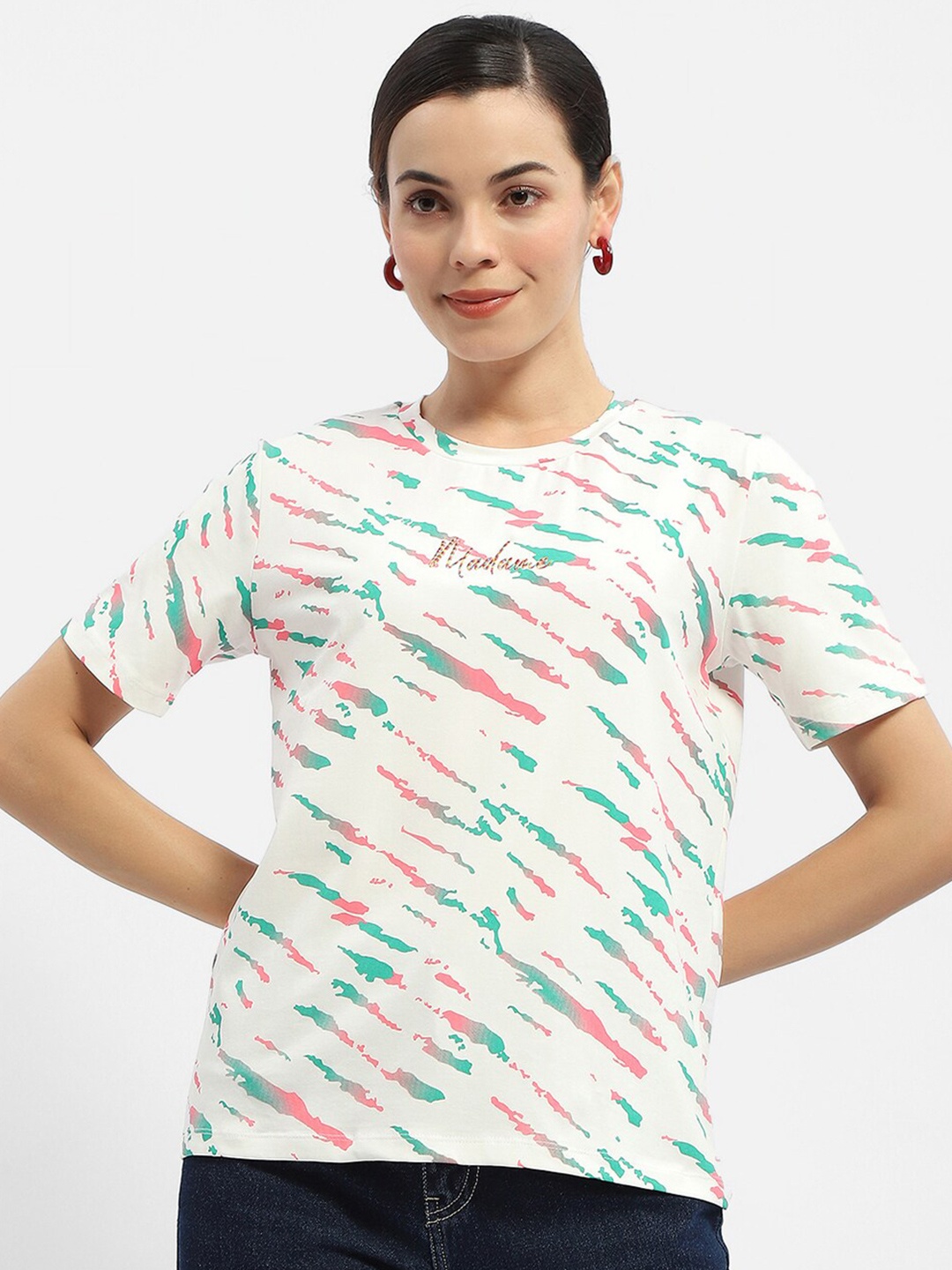 

Madame Abstract Printed Round Cotton Top, Pink