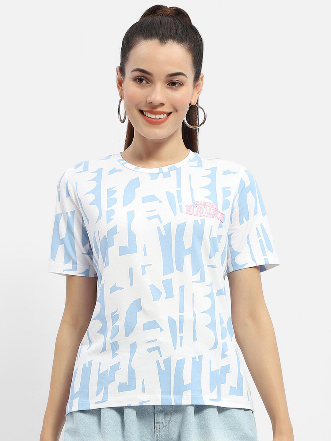 

Madame Abstract Printed Round Cotton Top, Blue