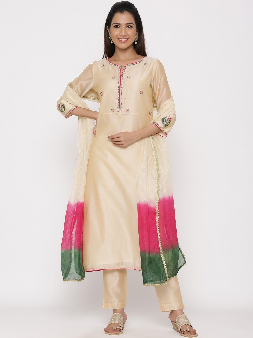 

Jaipur Kurti Ethnic Motifs Embroidered Round Neck Thread Work Kurta & Palazzos & Dupatta, Cream