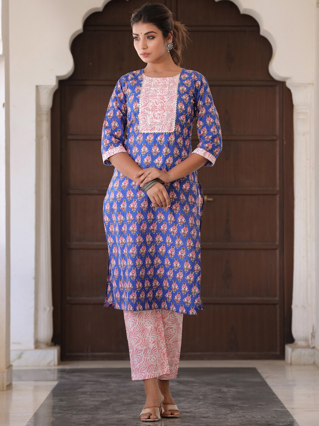 

Jaipur Kurti Blue Ethnic Motifs Printed Gotta Patti Pure Cotton Straight Kurta Set