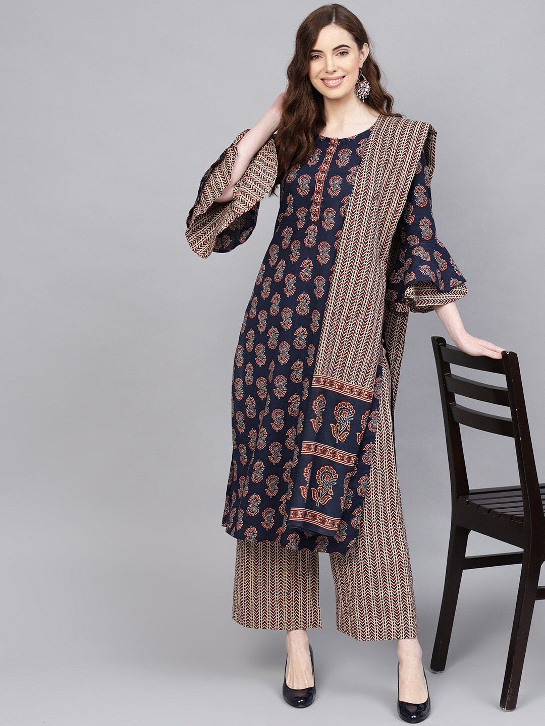 

Jaipur Kurti Ethnic Motifs Straight Cotton Kurta With Palazzo & Dupatta, Blue