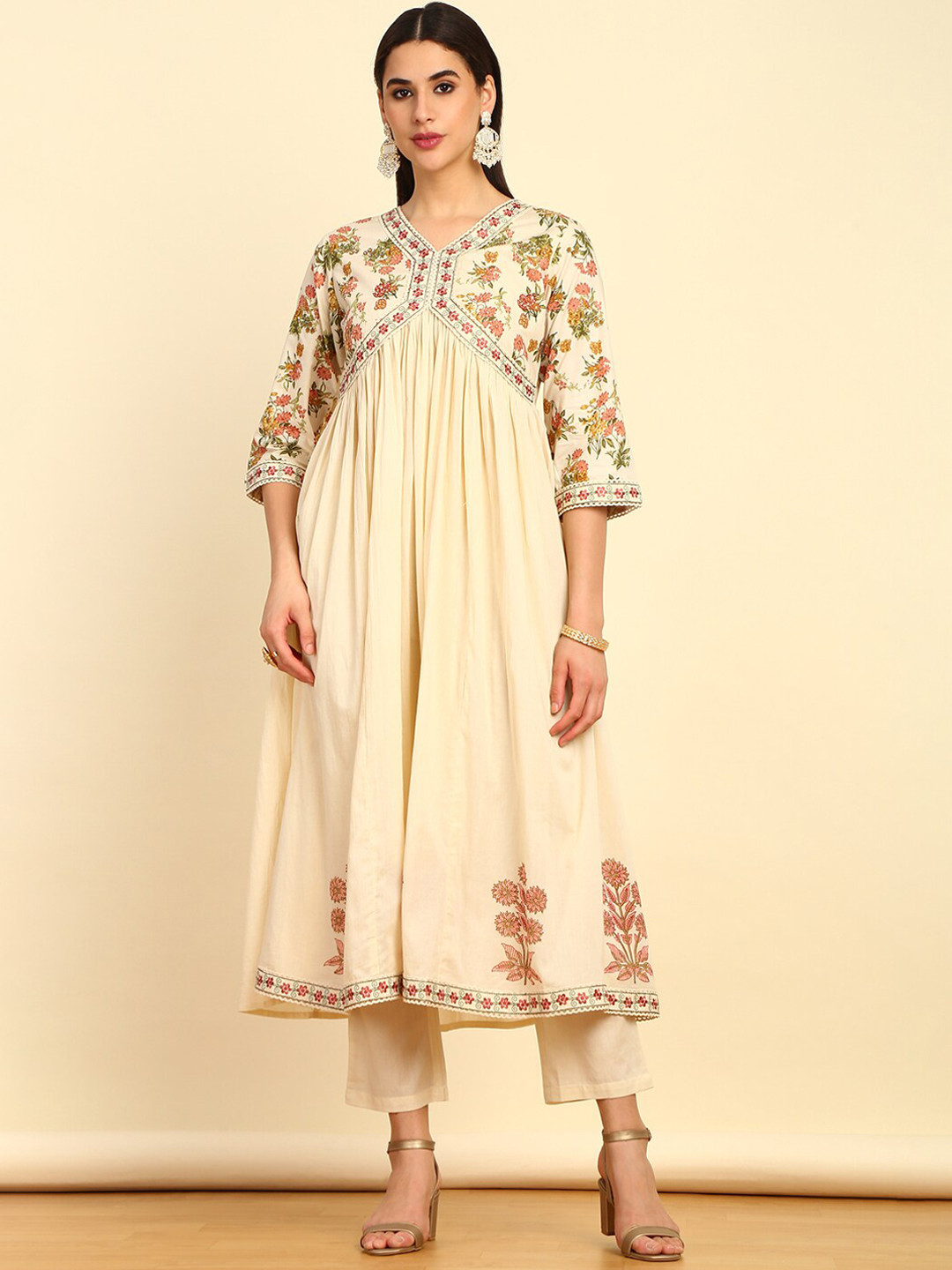 

Soch Floral Embroidered V-Neck Thread Work Pure Cotton Kurta with Trousers & Dupatta, Cream