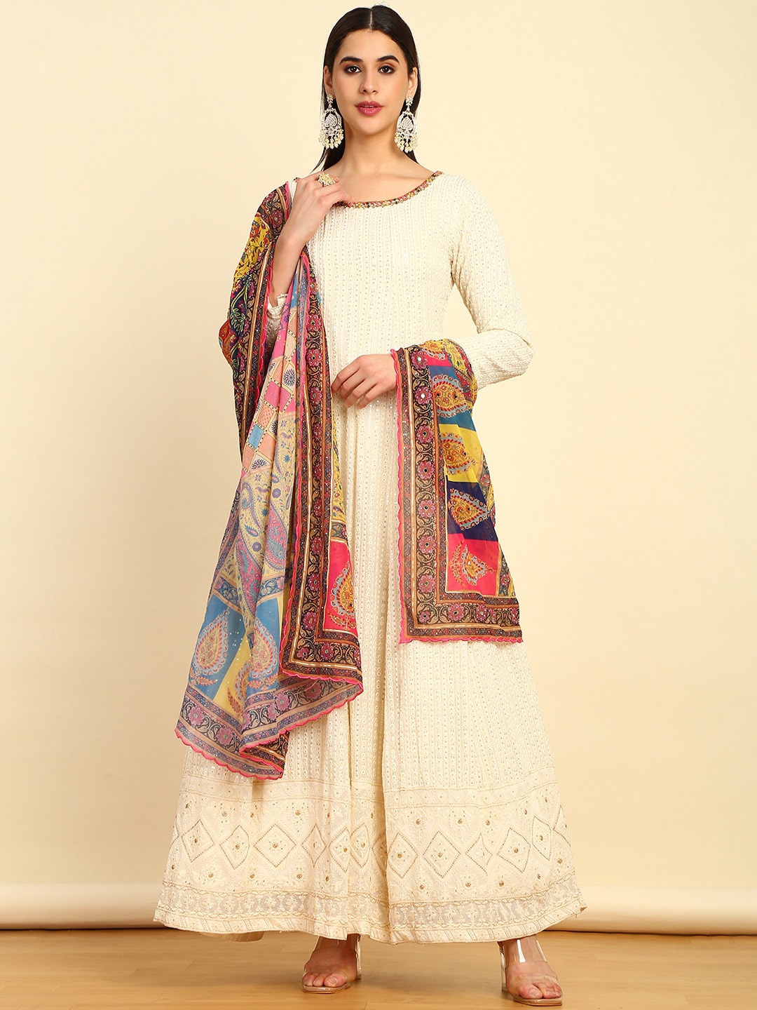 

Soch Embroidered Regular Sequinned Kurta with Churidar & Dupatta, Off white
