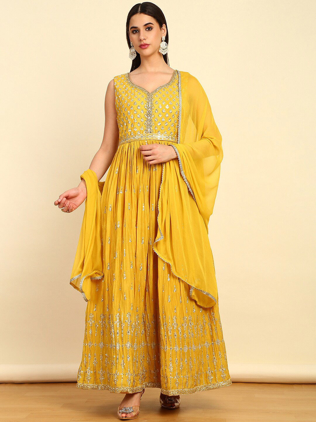 

Soch Floral Embroidered Empire Sequinned Kurta with Churidar & Dupatta, Mustard