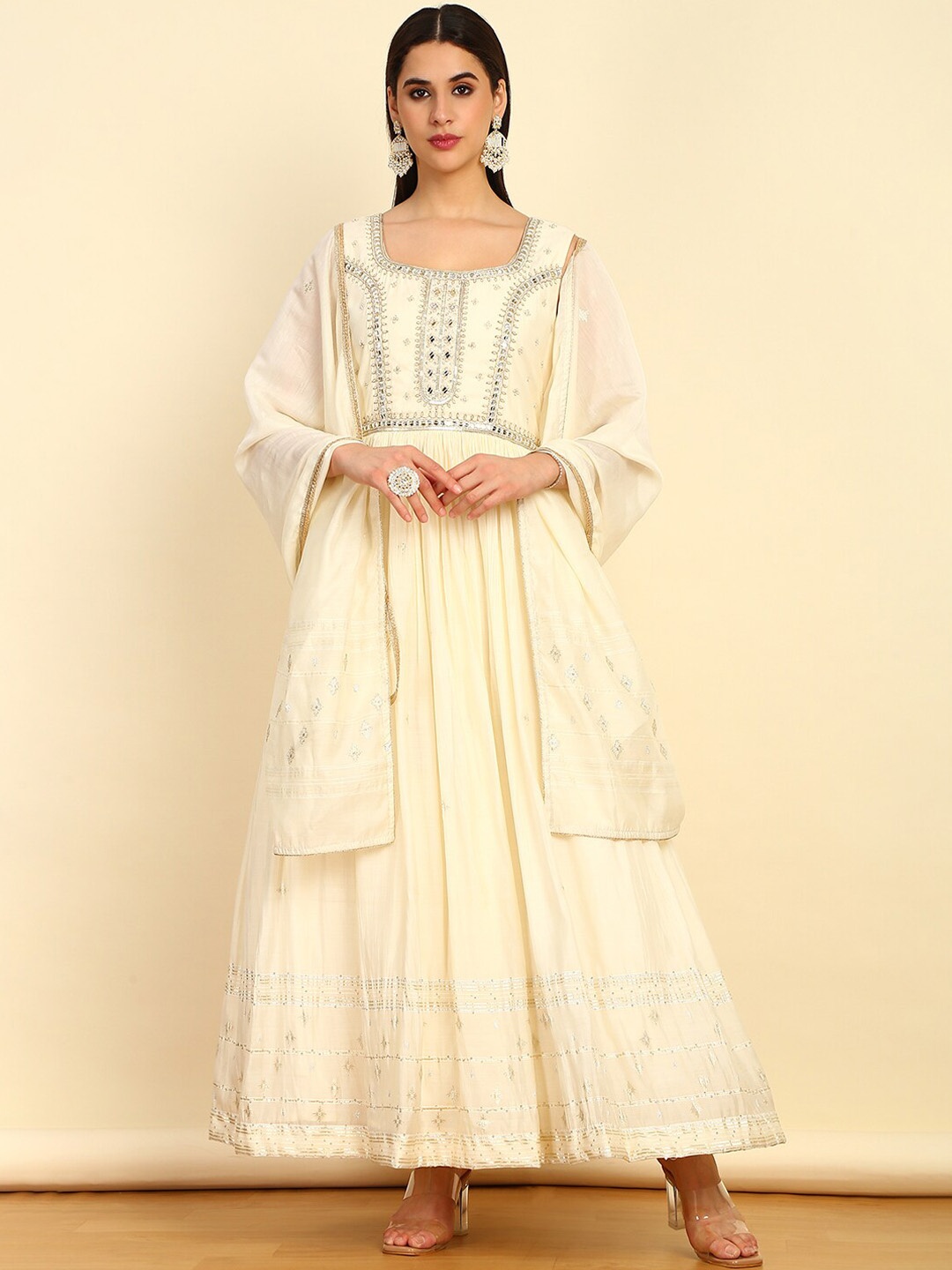 

Soch Floral Embroidered Empire Mirror Work Chanderi Silk Kurta with Churidar & Dupatta, Cream