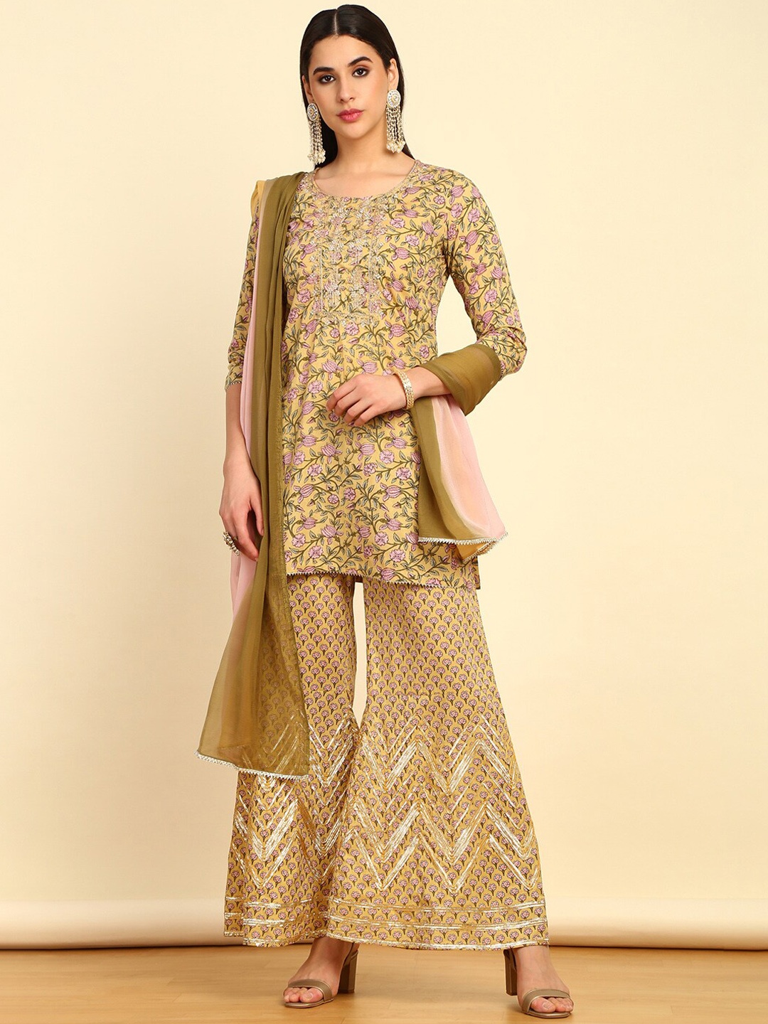 

Soch Floral Printed Regular Zardozi Pure Cotton Kurti with Sharara & Dupatta, Yellow