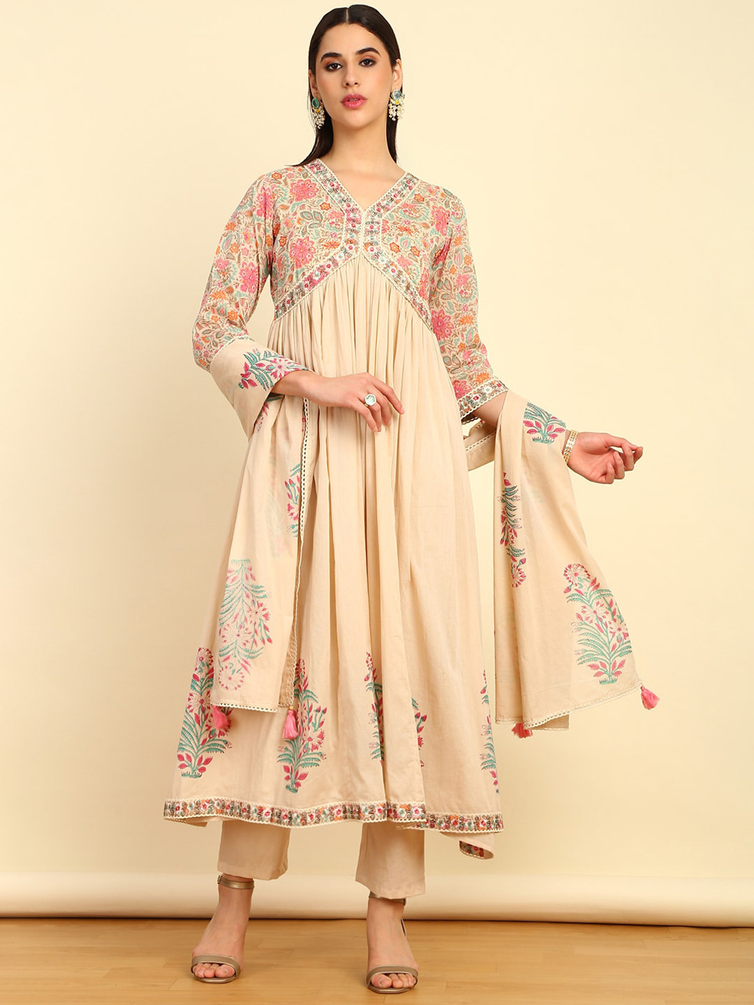 

Soch Floral Printed Empire Sequinned Pure Cotton Kurta with Trouser & Dupatta, Beige