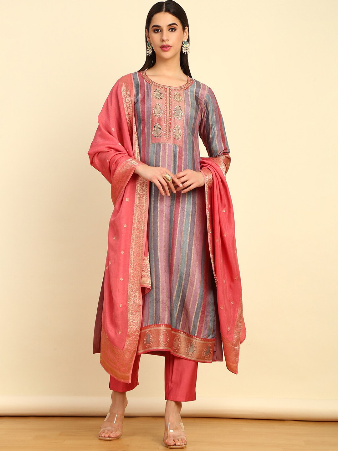 

Soch Striped Regular Mirror Work Kurta with Trouser & Dupatta, Pink