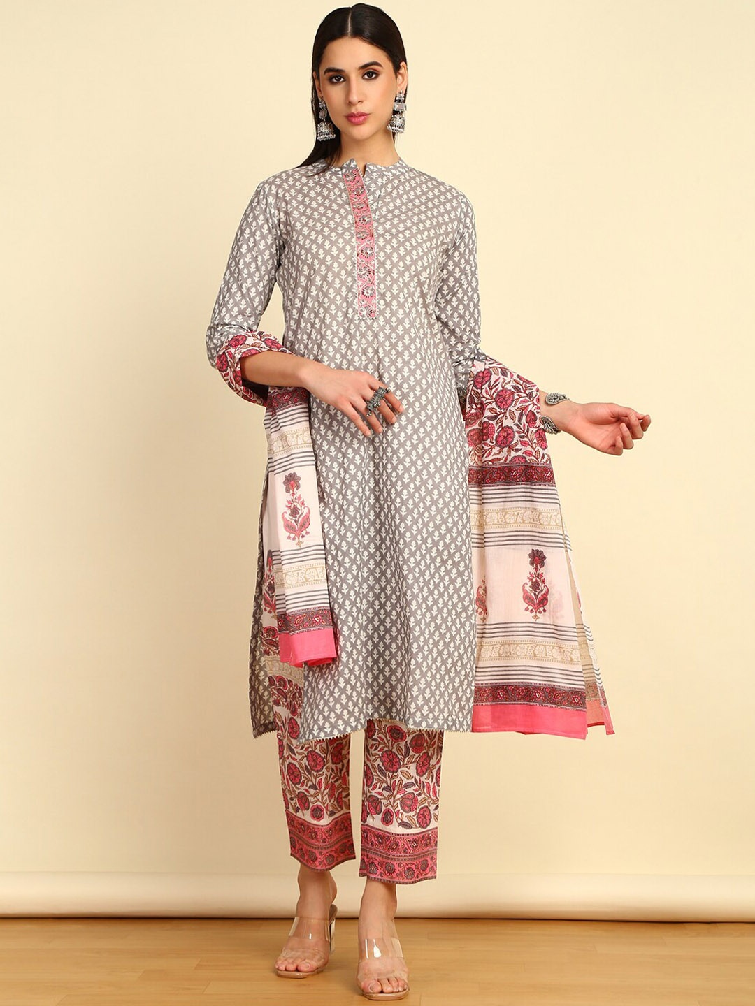 

Soch Floral Printed Regular Gotta Patti Pure Cotton Kurta with Trouser & Dupatta, Grey