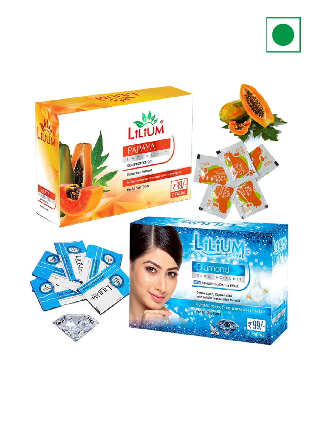 

Lilium Papaya & Diamond Facial Kit For Glowing & Nourishes Skin - 60g Each, Nude