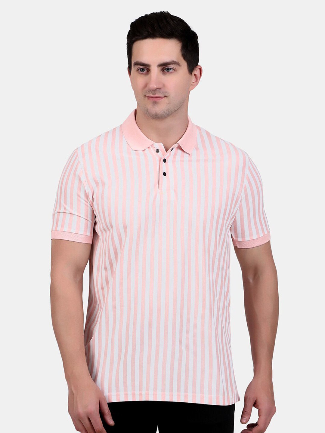 

WELL QUALITY Striped Polo Collar T-shirt, Peach