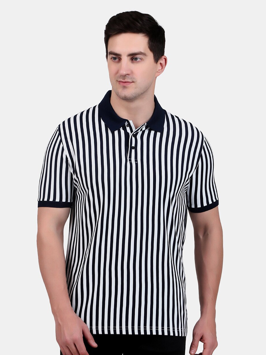 

WELL QUALITY Striped Polo Collar T-shirt, Black