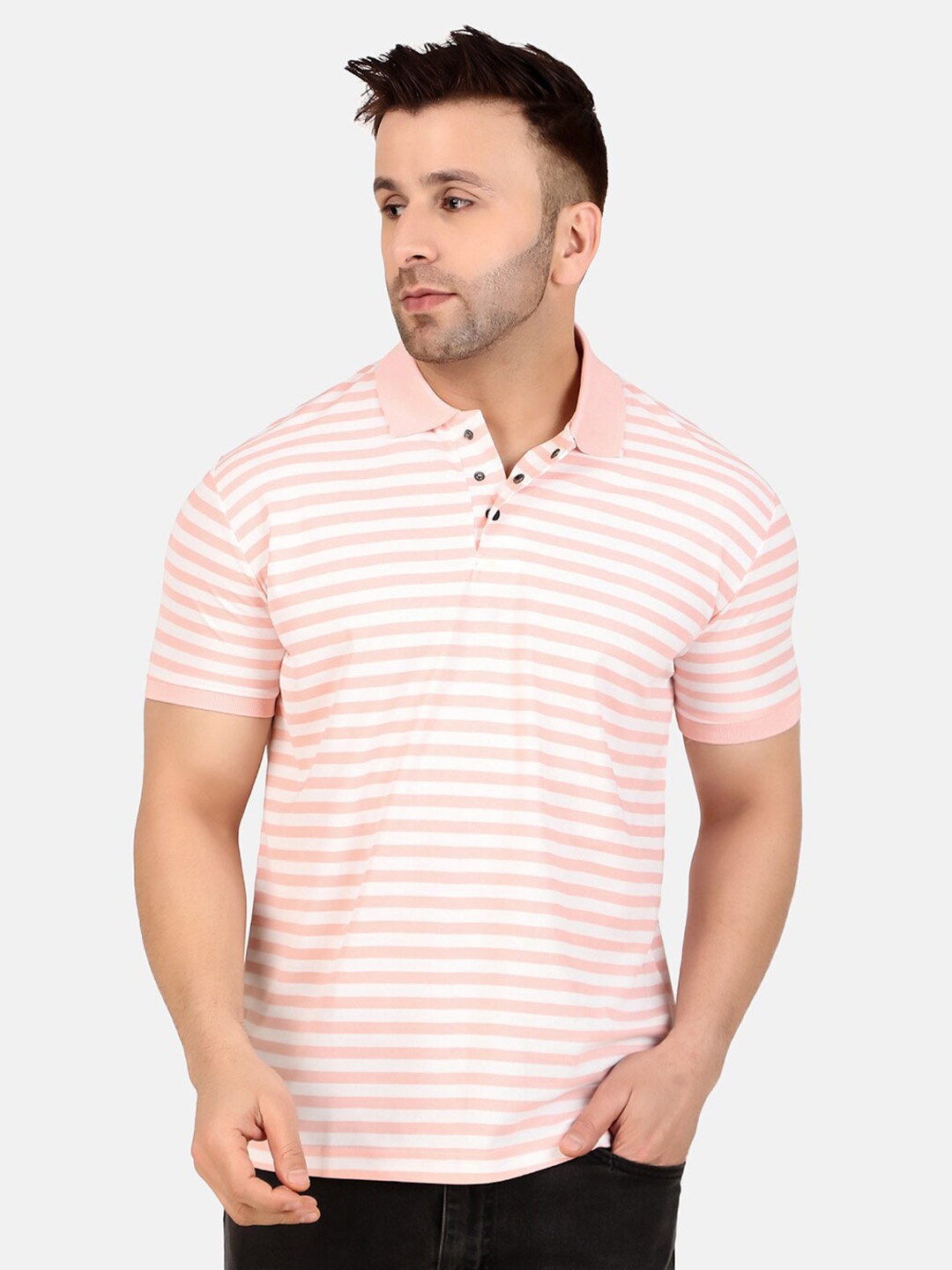 

WELL QUALITY Striped Polo Collar T-shirt, Peach