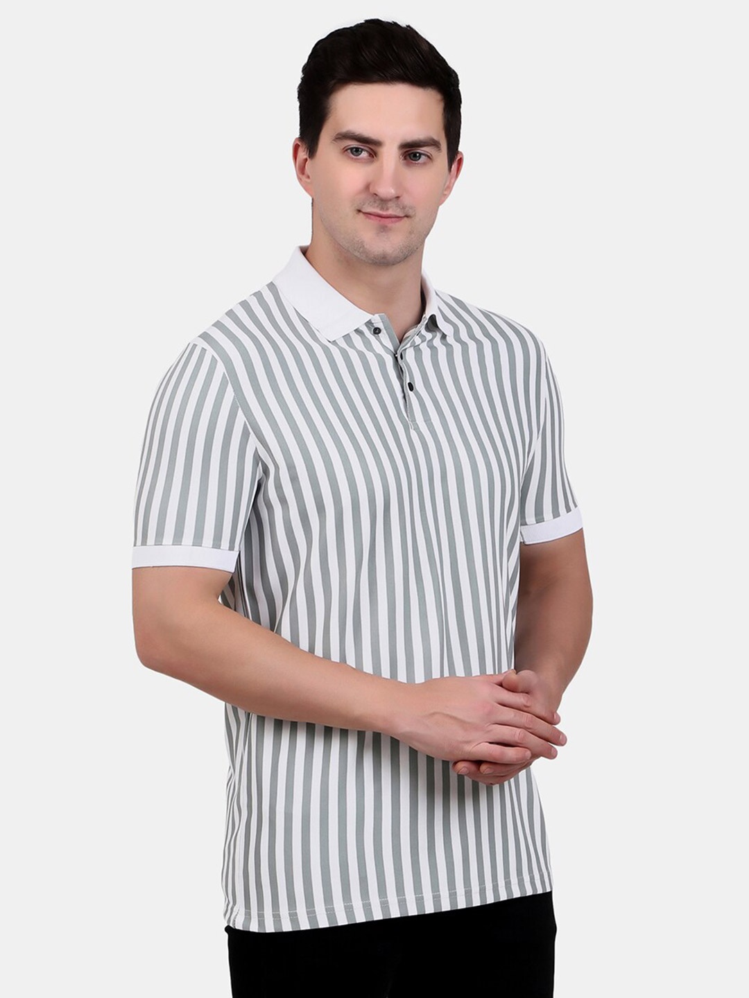 

WELL QUALITY Striped Polo Collar T-shirt, Grey