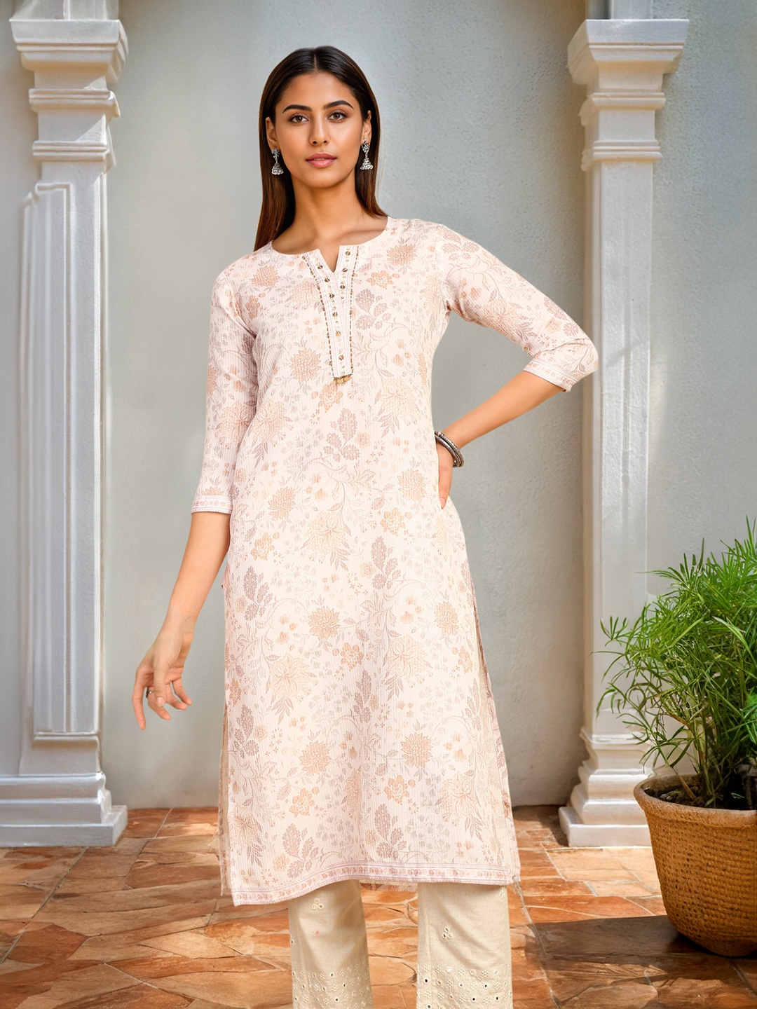 

Soch Floral Printed Sequined Straight Kurta, Cream