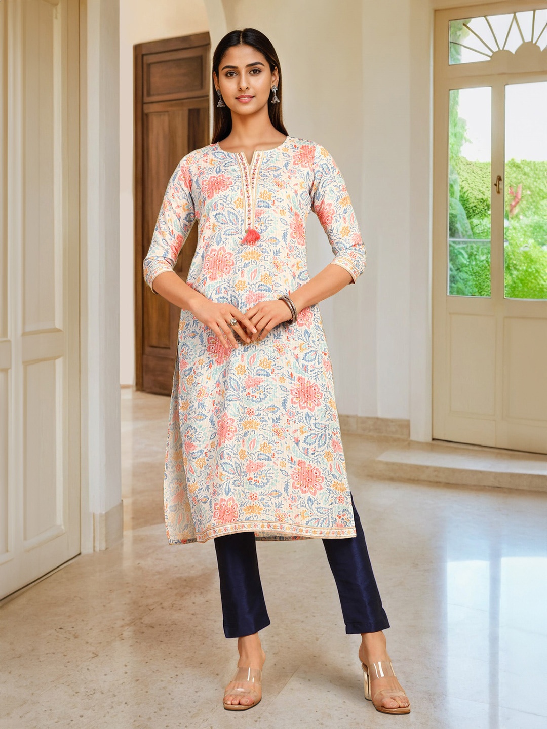 

Soch Floral Printed Tasselled Thread Work Straight Kurta, Cream