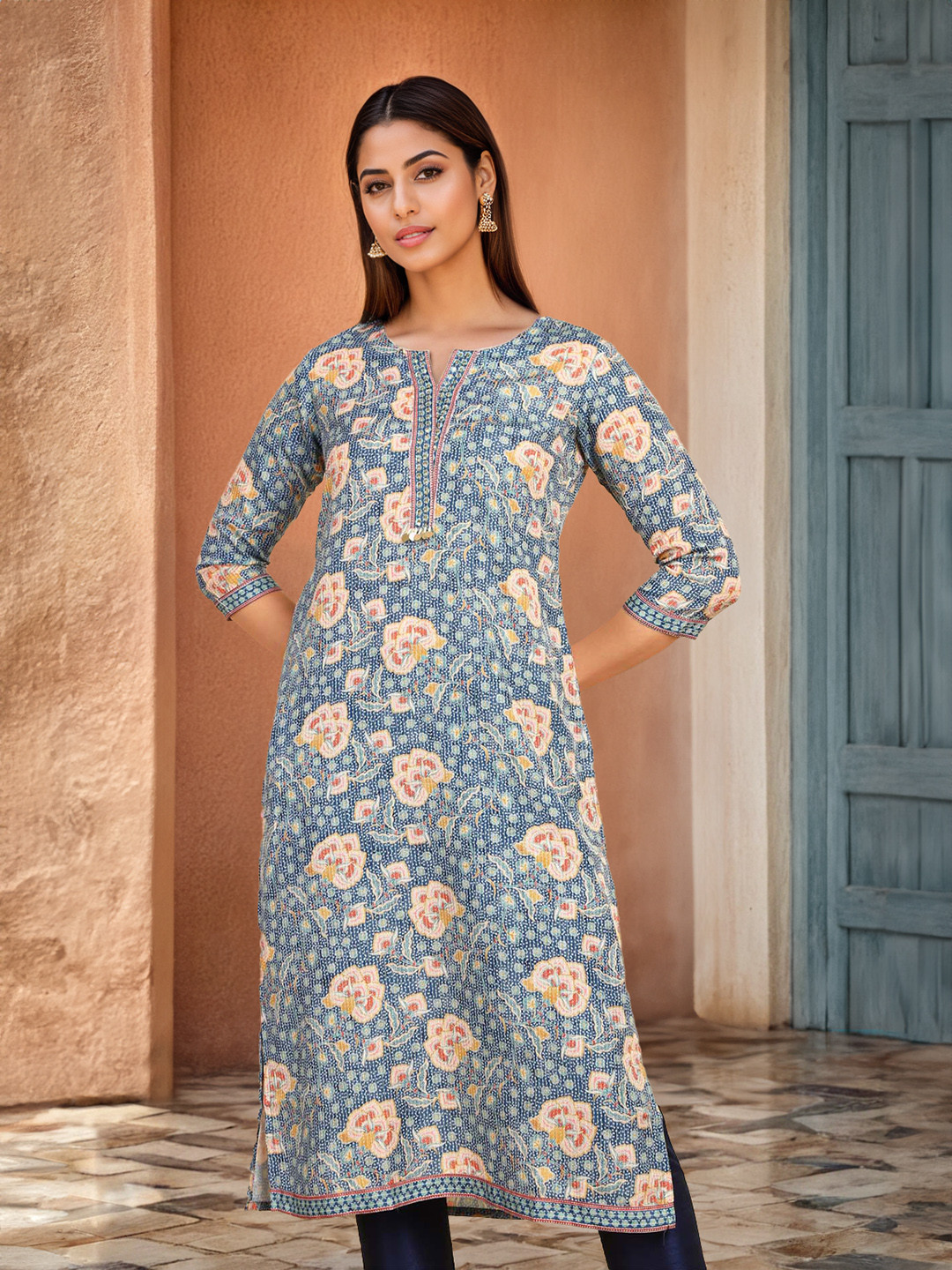 

Soch Floral Printed Thread Work Straight Kurta, Blue