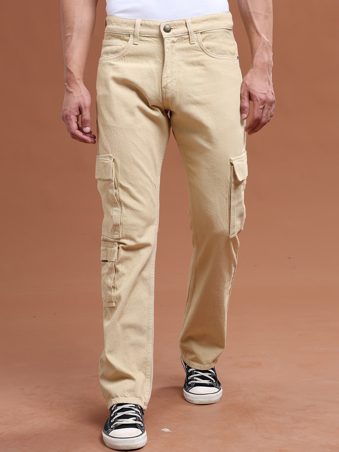 

VUDU Men Mid-Rise Comfort Cotton Cargos Jeans, Cream