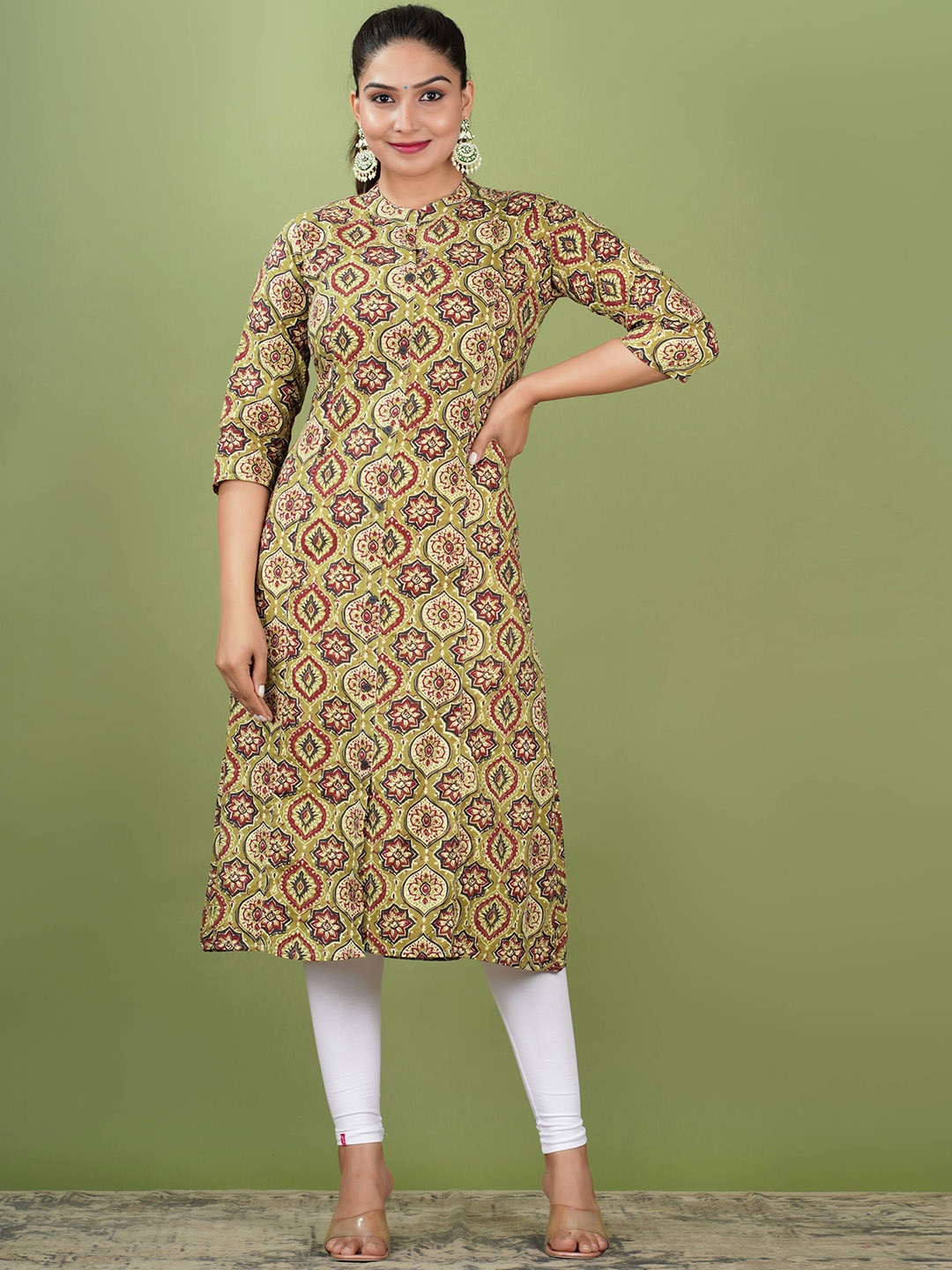 

PARIKSHIT Ethnic Motifs Printed Mandarin Collar A-Line Kurta, Green