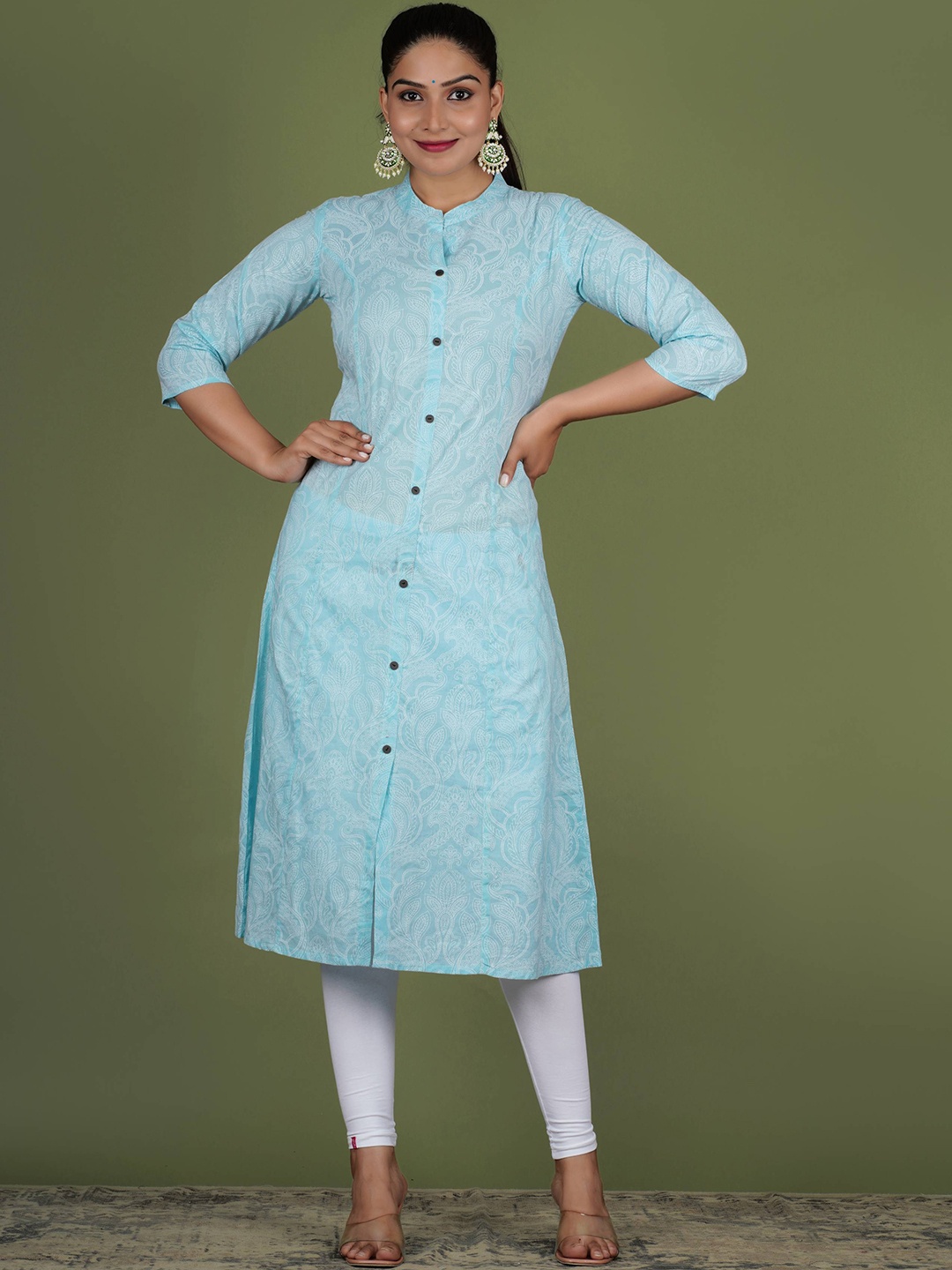 

PARIKSHIT Floral Printed Mandarin Collar A-Line Kurta, Blue