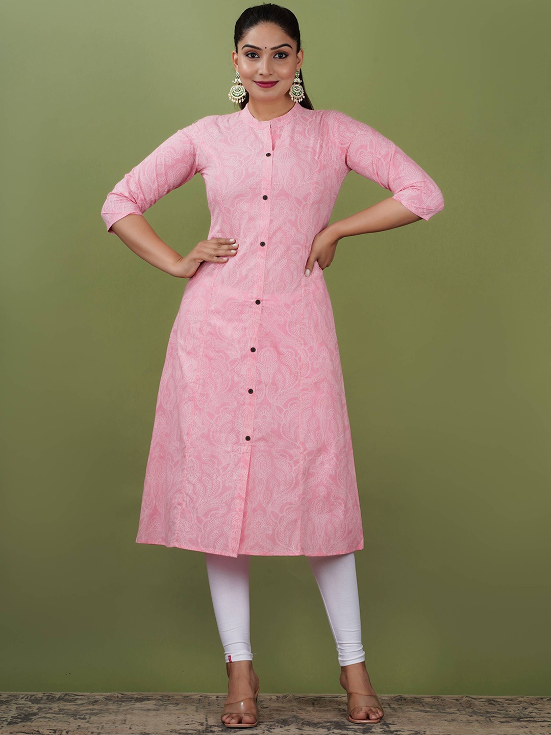 

PARIKSHIT Floral Printed Mandarin Collar A-Line Kurta, Pink