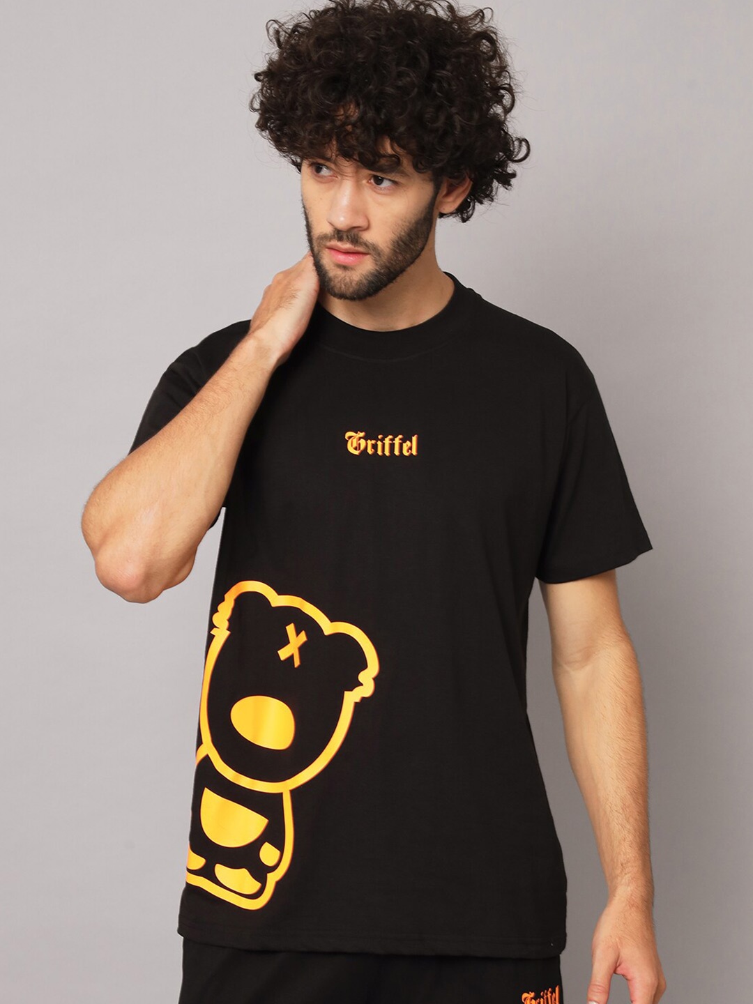 

GRIFFEL Graphic Printed Round Neck Oversized Cotton T-shirt, Black