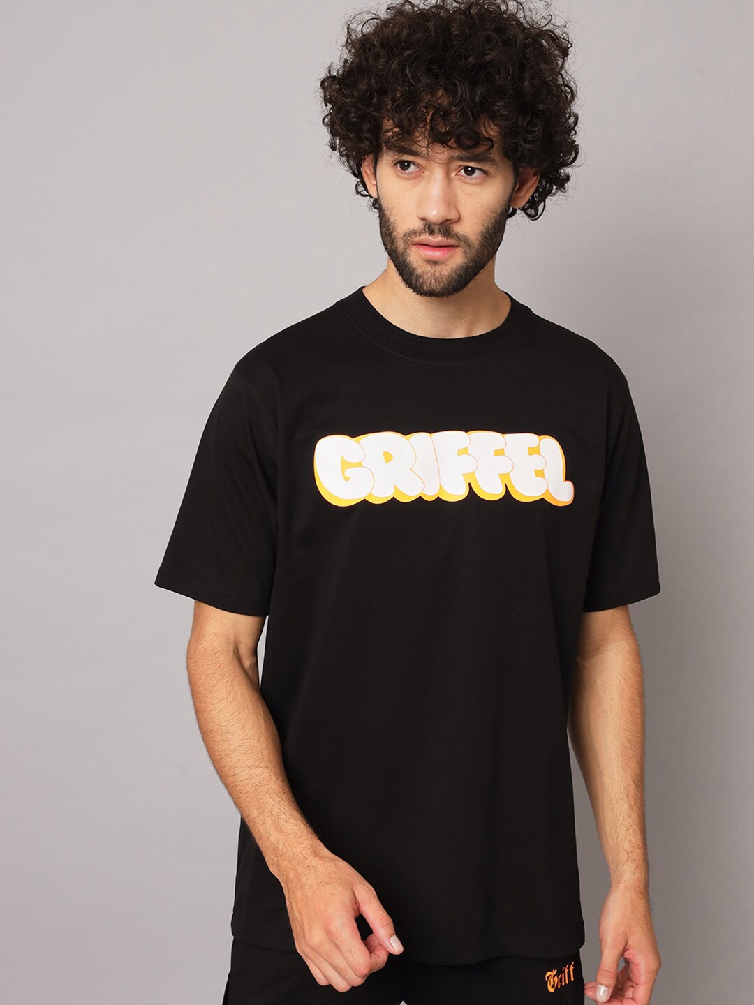 GRIFFEL Typography Printed Cotton Oversized T-shirt, Black