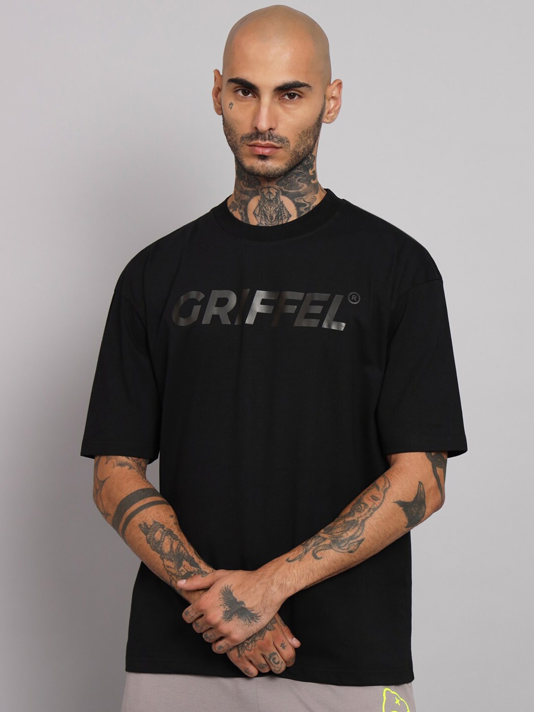 

GRIFFEL Typography Printed Round Neck Oversized Cotton T-shirt, Black