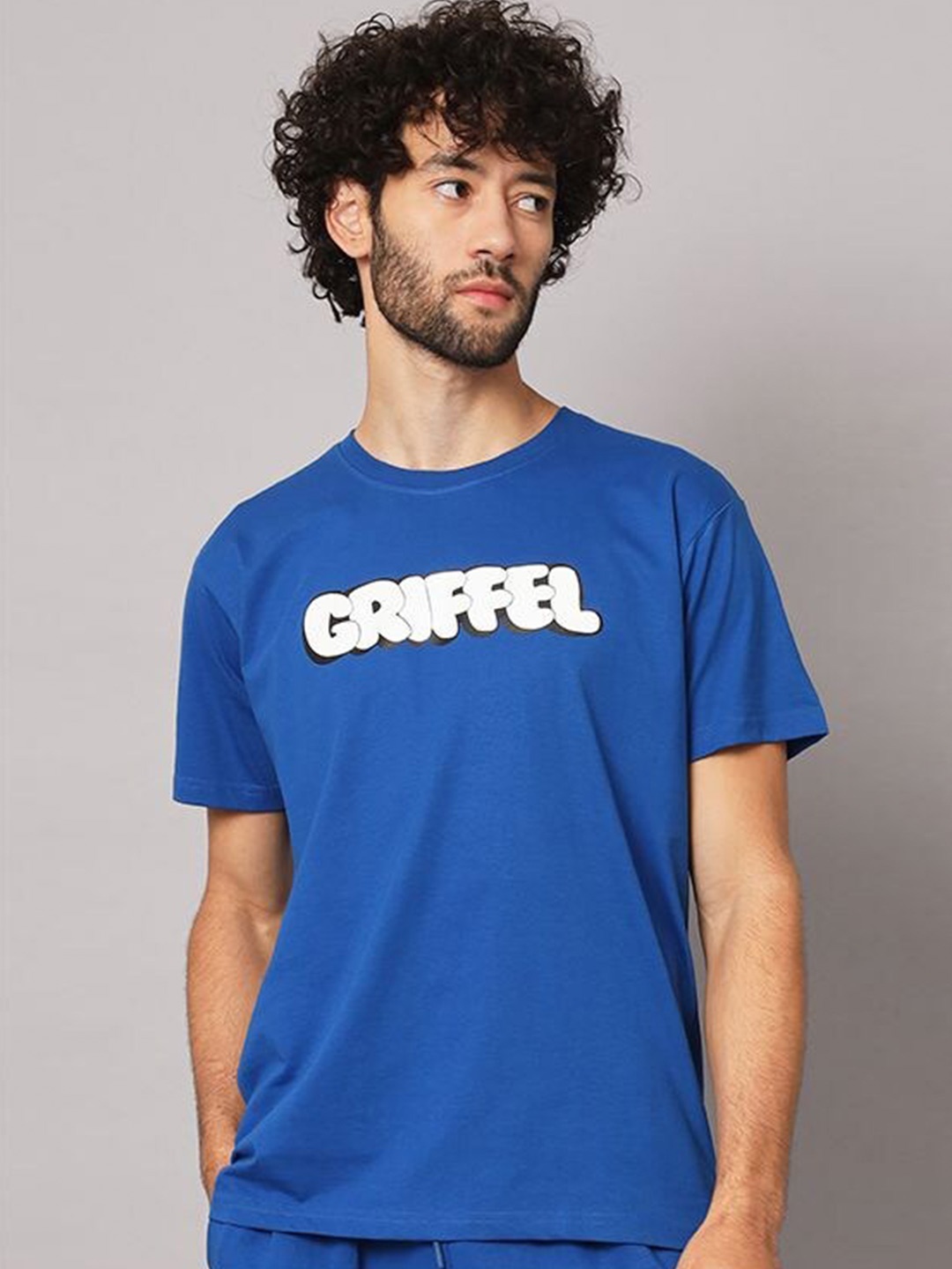 

GRIFFEL Round Neck Short Sleeves Typography Printed Cotton T-shirt, Blue