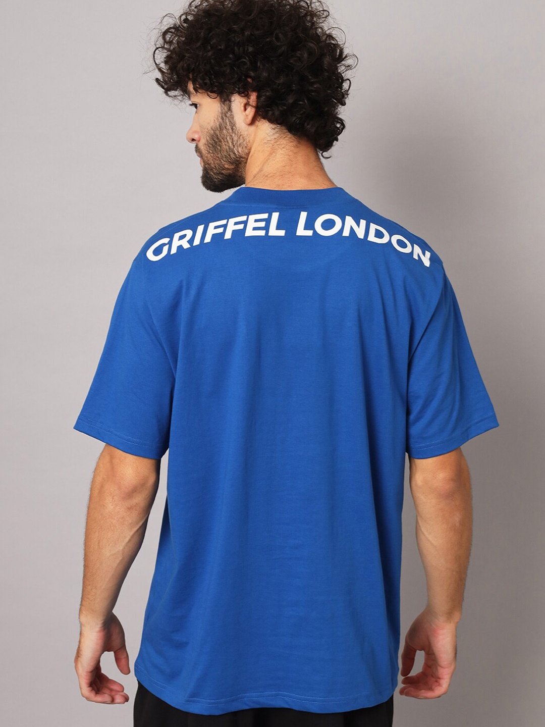 

GRIFFEL Typography Printed Round Neck Oversized Cotton T-shirt, Blue